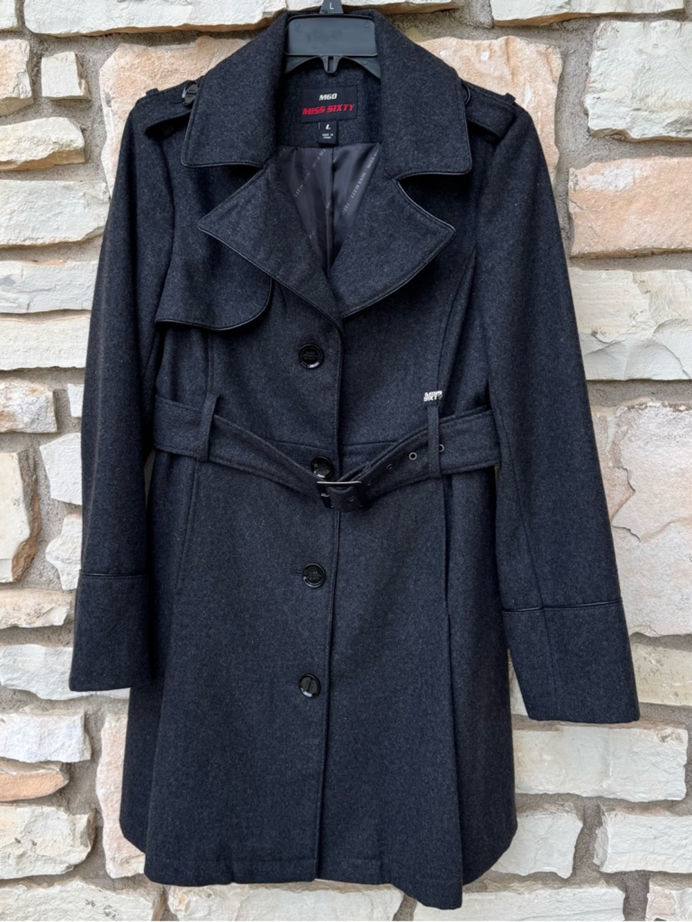 MISS SIXTY Dark Gray BlackWool Blend Belted Button-Up Pea Coat Trench Large